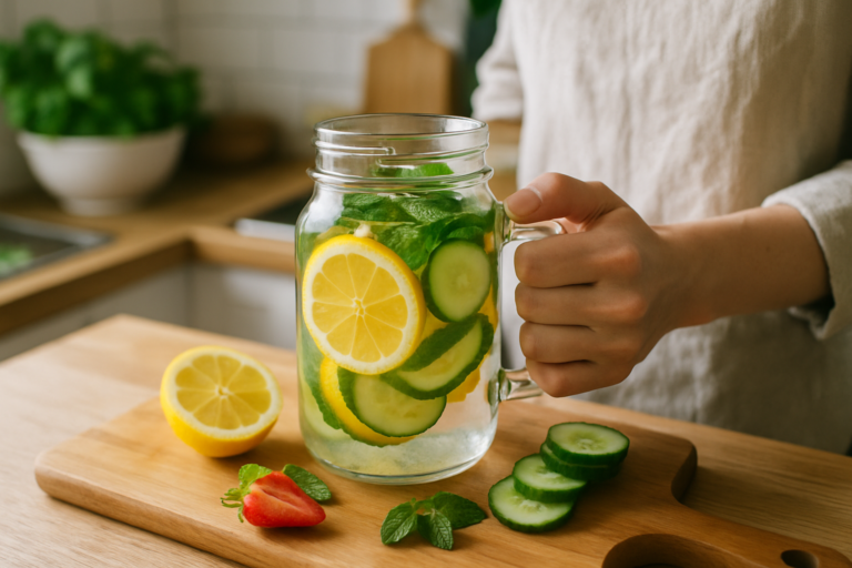 Bottiglia di acqua aromatizzata con limone e menta, focus sugli effetti della acque aromatizzate salute