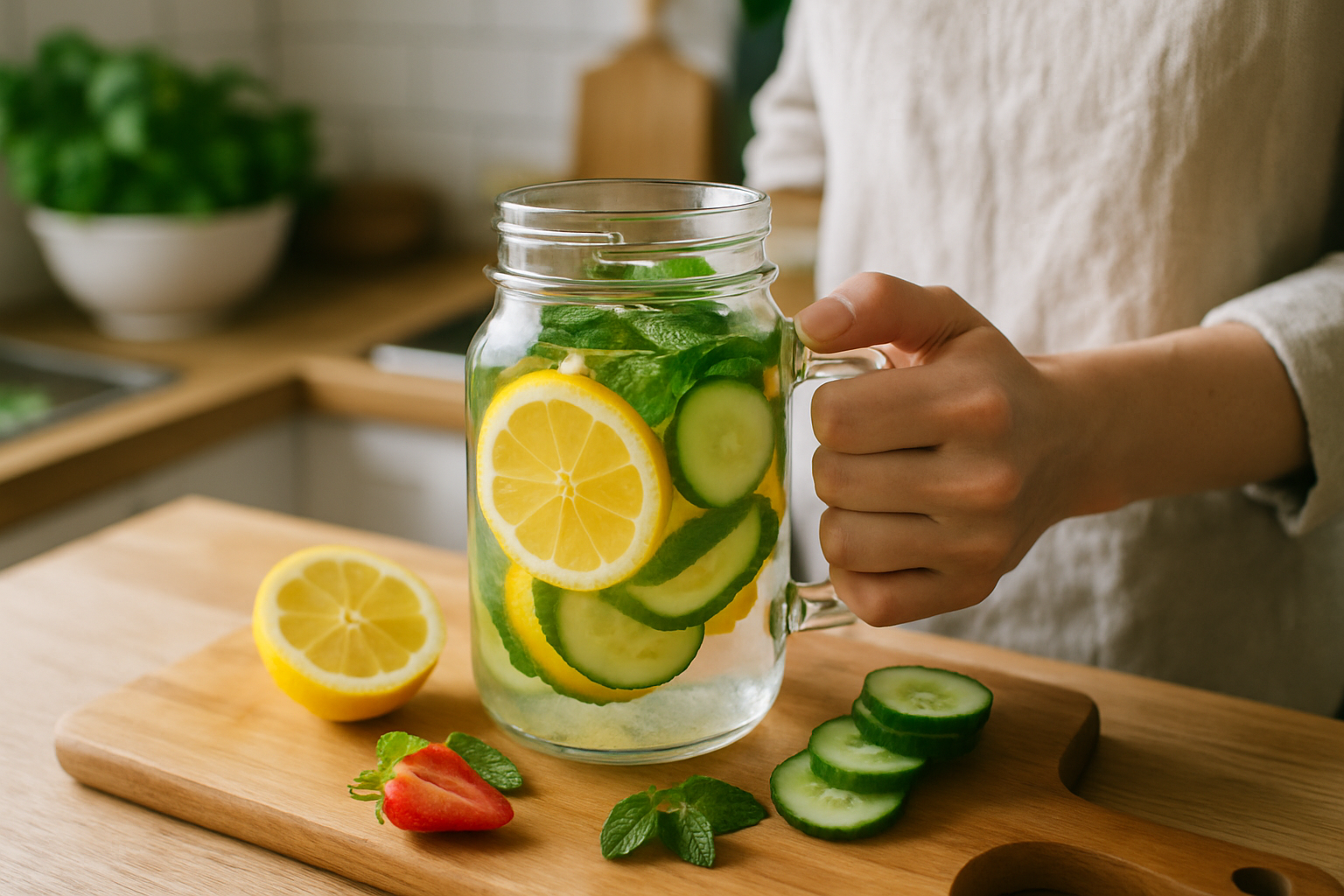 Bottiglia di acqua aromatizzata con limone e menta, focus sugli effetti della acque aromatizzate salute