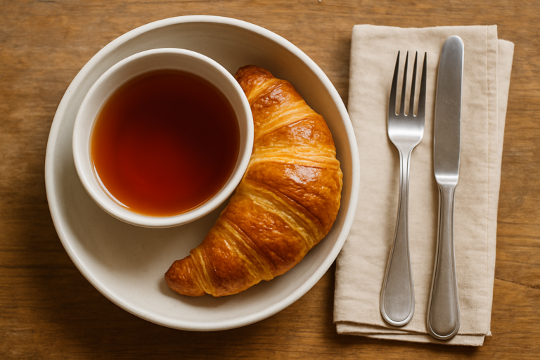 Colazione semplice e genuina: tè e croissant caldo per iniziare la giornata