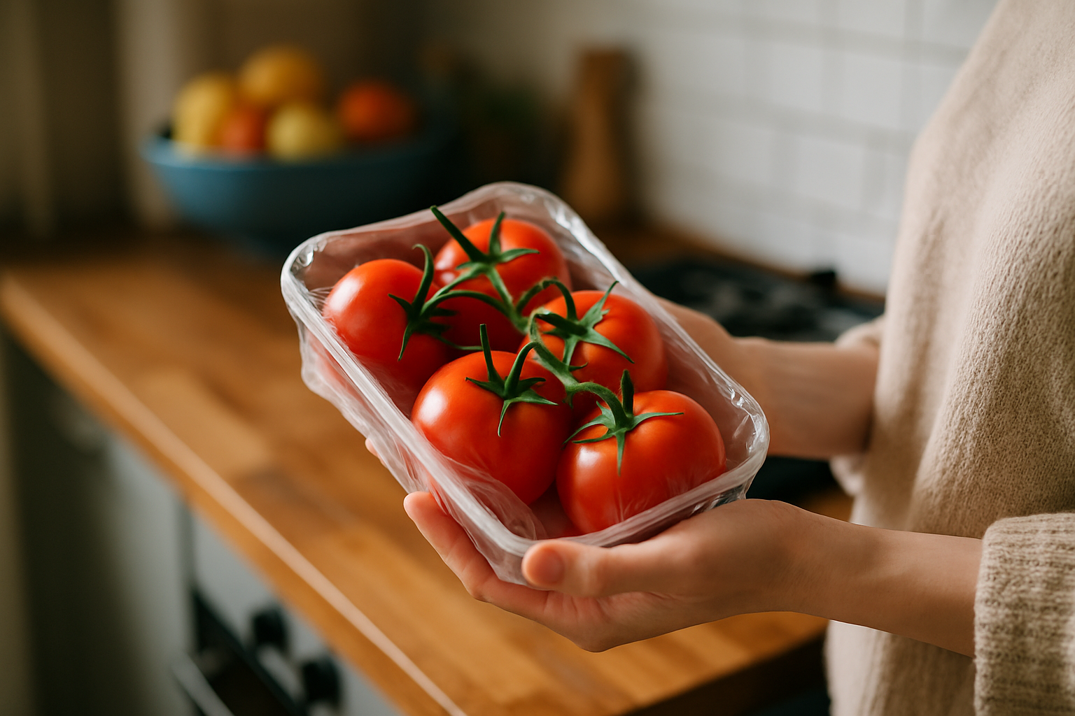 Pomodori maturi su un piano di cucina, conservati lontano dal frigorifero e dalla fruttiera per mantenere sapore e consistenza