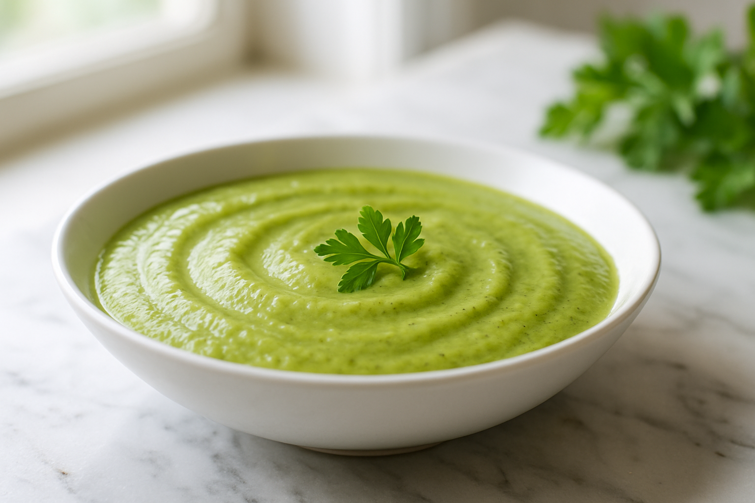 ciotola di crema fredda di zucchine guarnita con erbe fresche, con consistenza cremosa e invitante