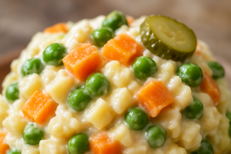 Insalata ensaladilla russa con cubetti di patate, carote, piselli e cetriolini sottaceto tagliati uniformemente, impiattata in modo invitante