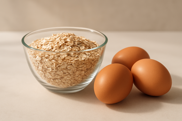 Colazione sana con fiocchi d’avena e uova accompagnata da frutta fresca e noci su un tavolo rustico
