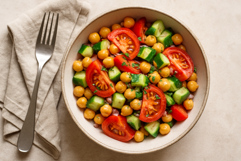 Insalata di ceci, cetrioli e pomodori: la svolta fresca per l’estate senza accendere i fornelli