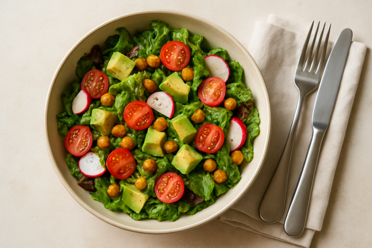 Insalata mista fresca con pollo grigliato e verdure colorate, perfetta per mangiare insalata la sera