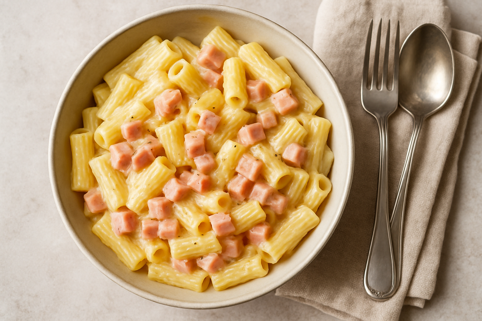 pasta con prosciutto cotto a dadini — servito in tavola