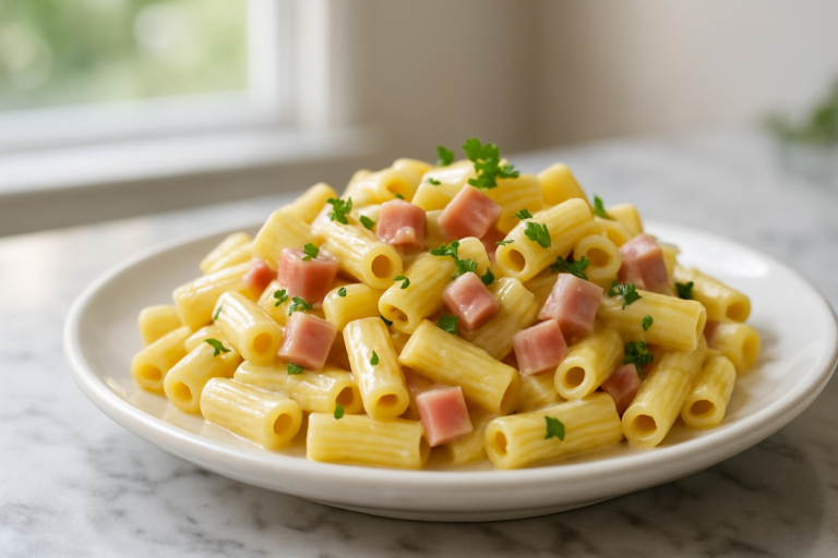 Pasta cremosa con prosciutto cotto a dadini e parmigiano gratuggiato, pronta da servire in un piatto bianco.