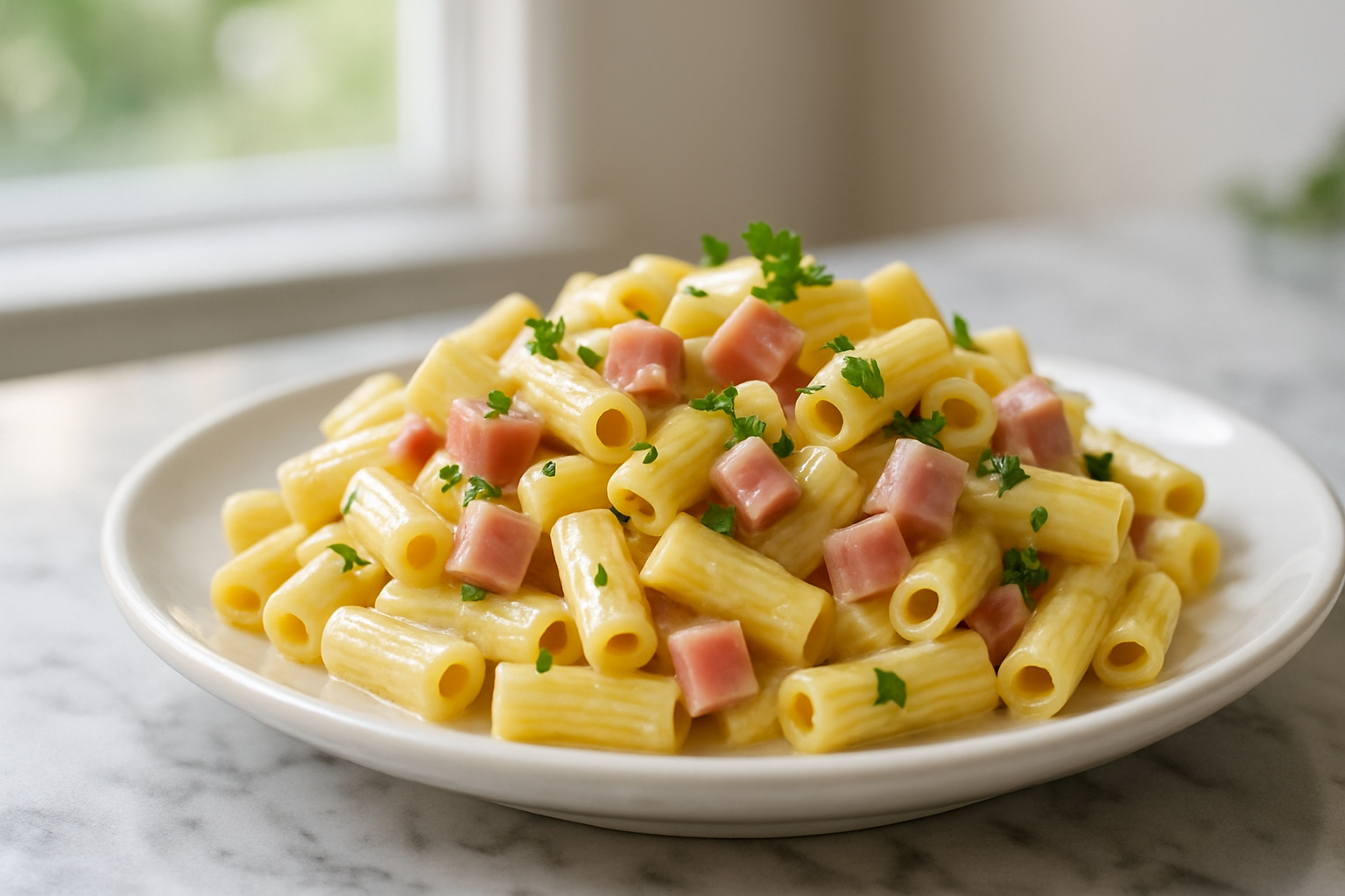 Pasta cremosa con prosciutto cotto a dadini e parmigiano gratuggiato, pronta da servire in un piatto bianco.