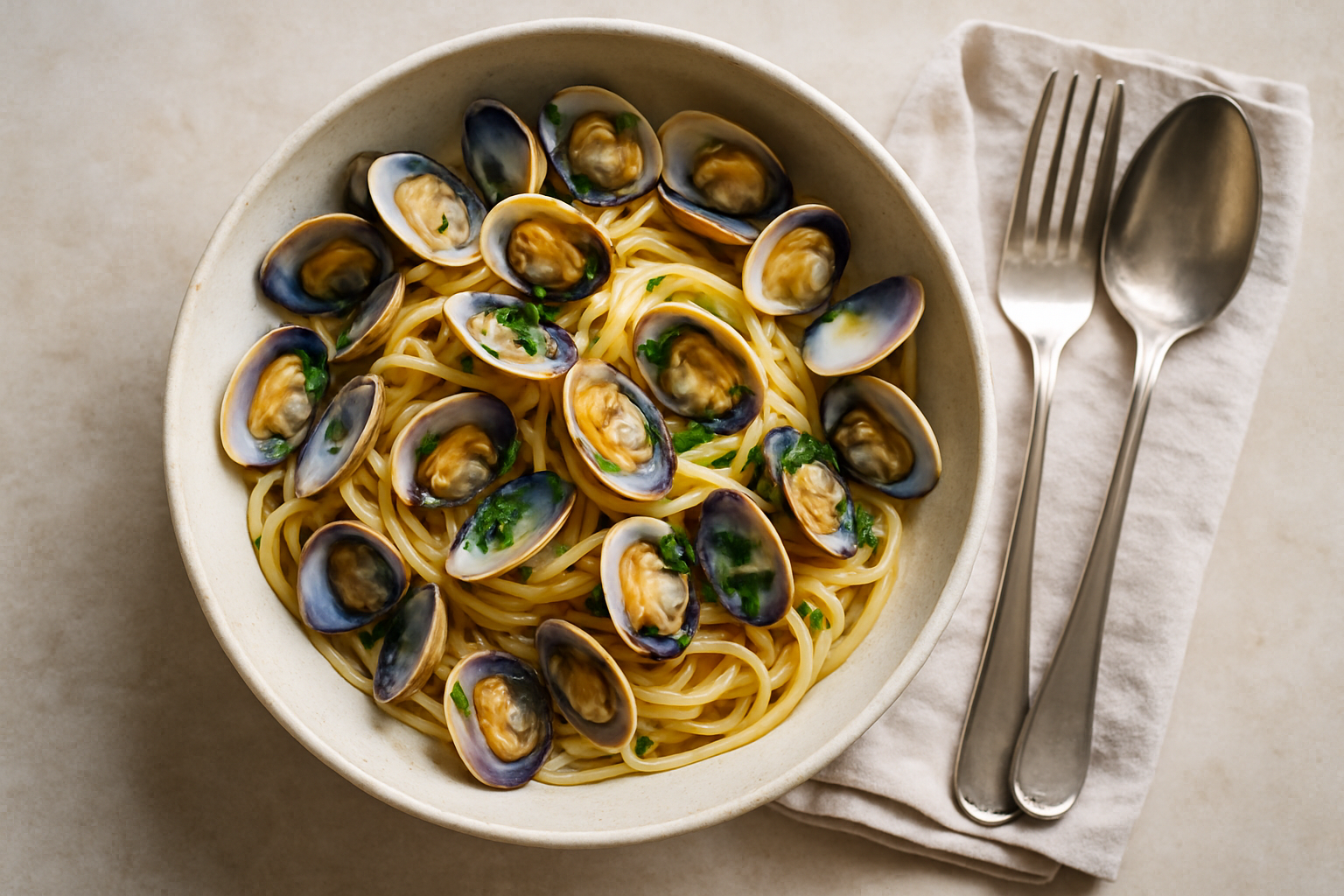 Spaghetti con le vongole alla napoletana con cremina al burro e prezzemolo fresco, serviti su un piatto bianco elegante
