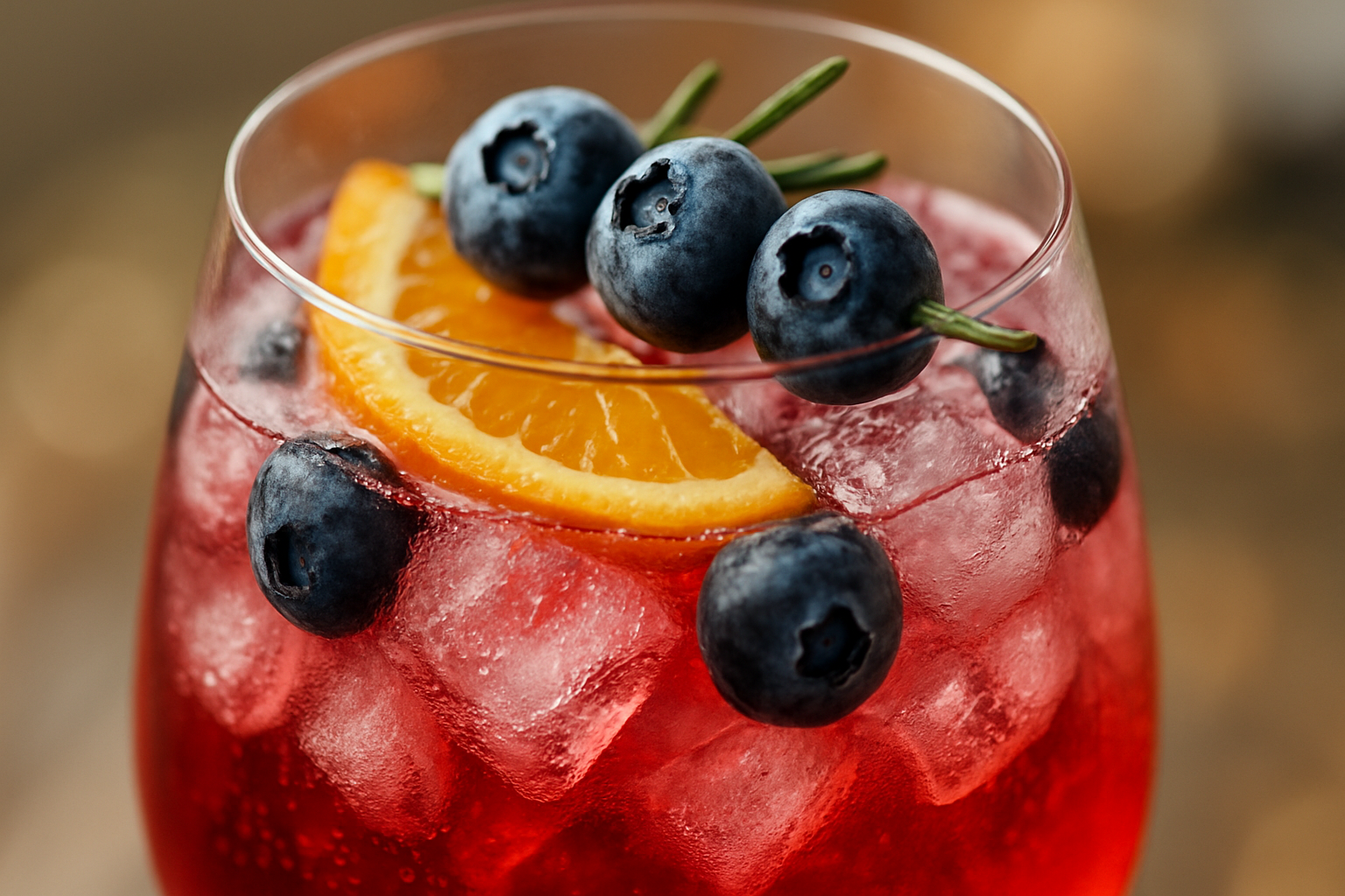 Bicchiere con Spritz ai mirtilli, decorato con mirtilli freschi e una fettina di limone