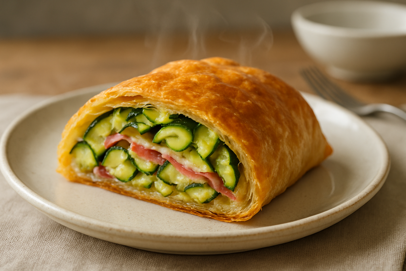 Strudel salato con zucchine e prosciutto croccante appena sfornato con ripieno morbido e doratura uniforme