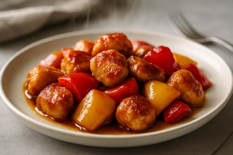 Bocconcini di pollo agrodolci con peperoni in padella, con crosticina croccante dorata e peperoni rossi e gialli