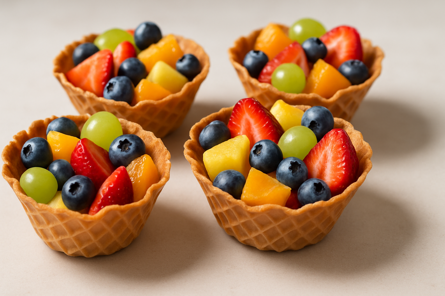 buffet di frutta in cialde croccanti con fragole, kiwi, mela e uva colorata per festa scuola