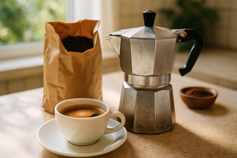 Tazza di caffè aromatico preparato con moka sul fornello, con attenzione a dosi e fiamma per il caffè perfetto con la moka