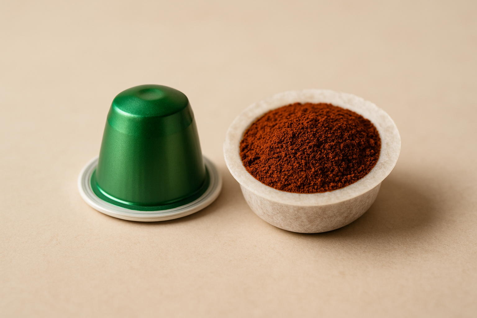 Capsule e cialde di caffè poste accanto a un bidone per la raccolta differenziata in cucina italiana