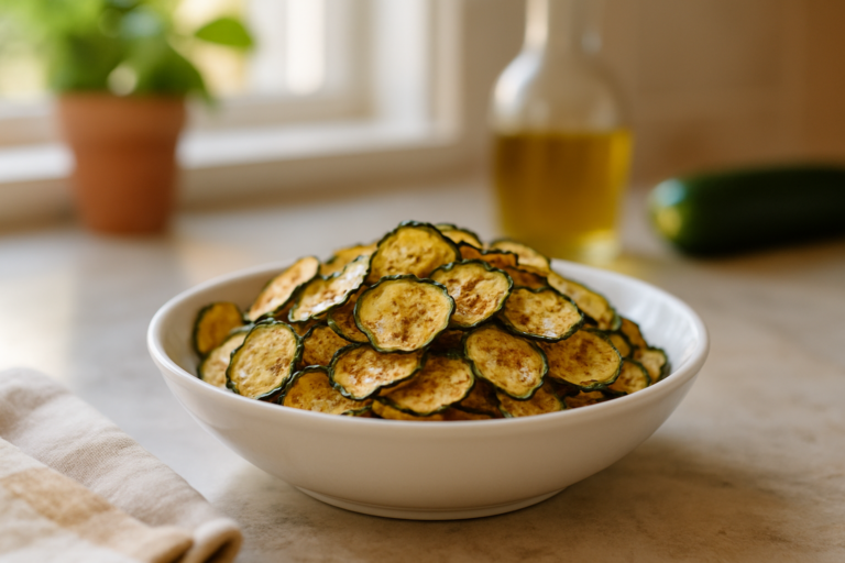 Chips di zucchine in forno croccanti e dorate servite in un piatto rustico su tavolo di legno
