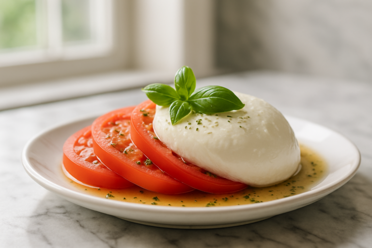 Primo piano di una mozzarella fresca con superficie liscia e leggermente umida su un piatto bianco