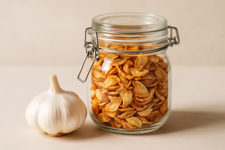 Vasetti trasparenti con aglio essiccato conservato in dispensa asciutta e buia, ideale per conservare aglio essiccato a lungo.