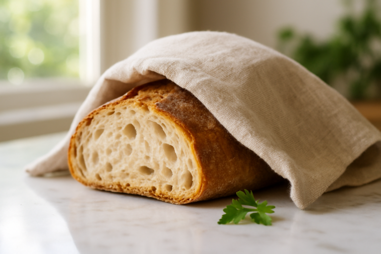 Pane fresco avvolto in un panno di cotone per conservare il pane fresco in estate mantenendo crosta croccante e mollica morbida
