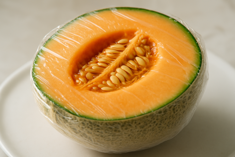 Melone entamé conservato in frigorifero in un contenitore ermetico per mantenerne la freschezza