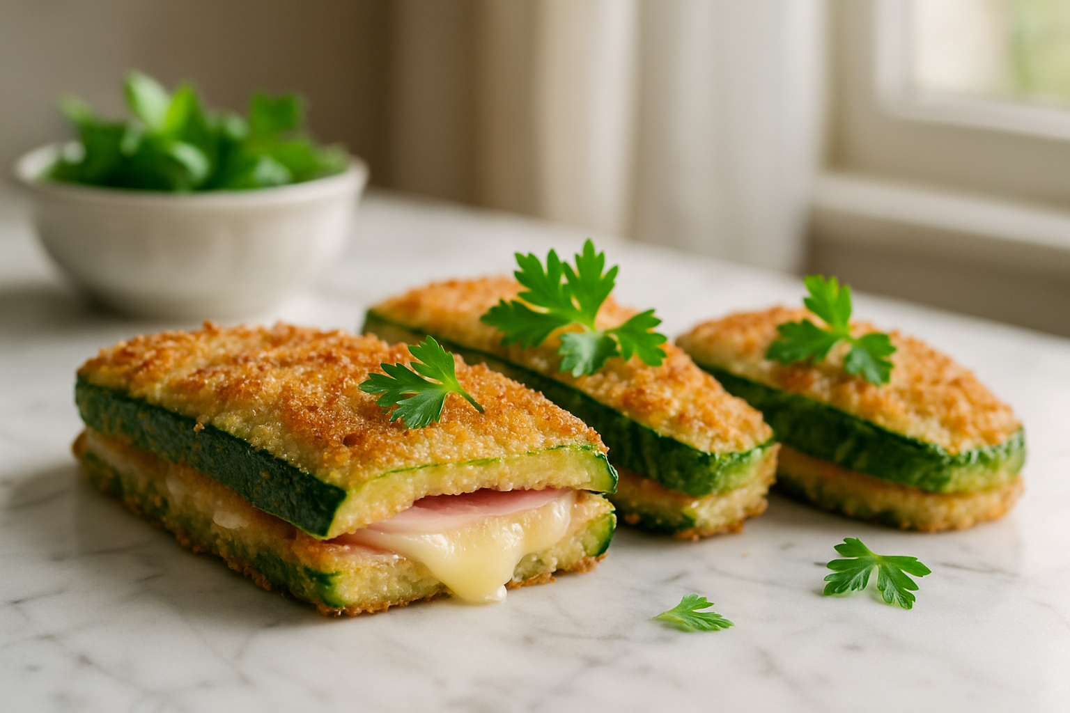 Piatto con cordon bleu di zucchine dorati e ripieni di formaggio filante, serviti con insalata fresca verde