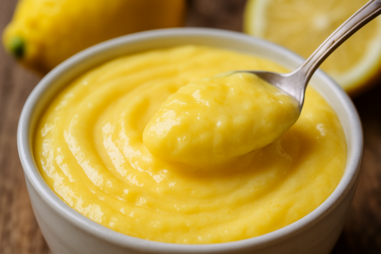 Bottiglie di vetro con crema al limone furbissima, decorata con scorza di limone e servita fresca