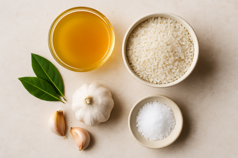 Piatto di riso bianco cotto con brodo all’aglio e alloro, profumato e sgranato, pronto da servire