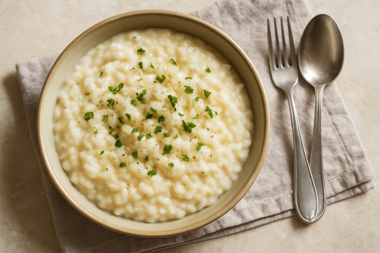 Riso al latte cremoso preparato cuocendo il riso prima in acqua, servito in una ciotola bianca con cannella sopra