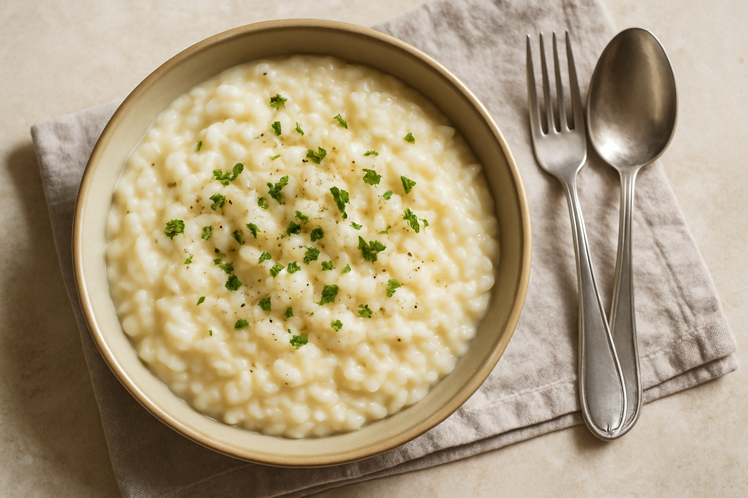 Riso al latte cremoso preparato cuocendo il riso prima in acqua, servito in una ciotola bianca con cannella sopra
