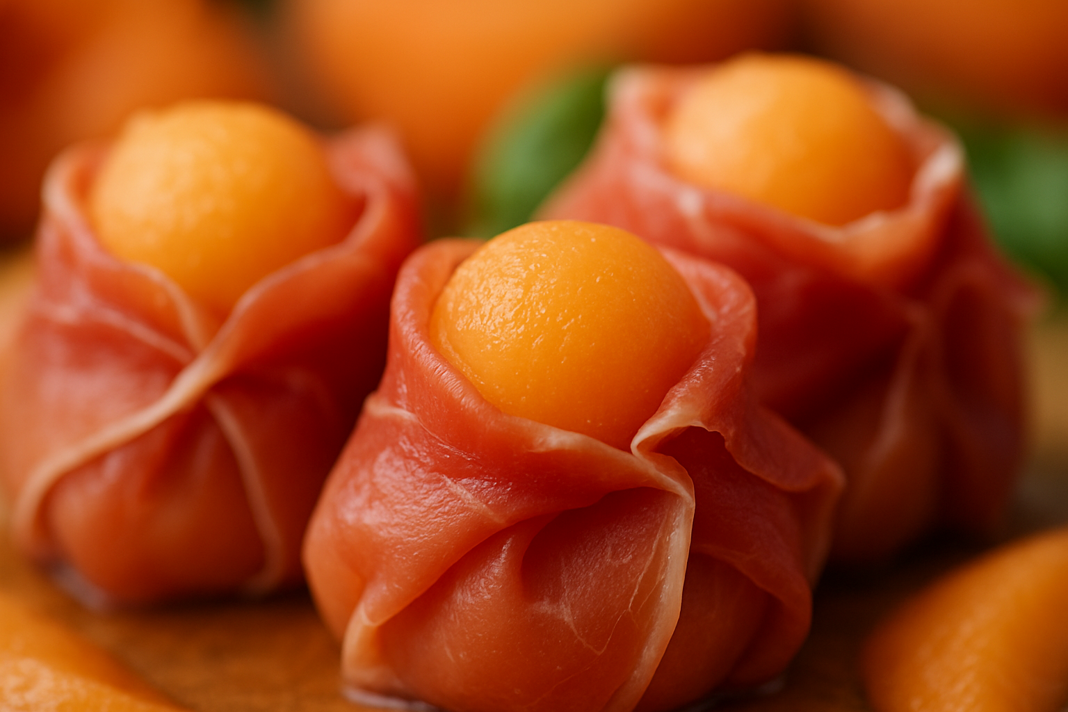 Fagottini di prosciutto crudo e melone presentati su un piatto estivo con foglie di menta