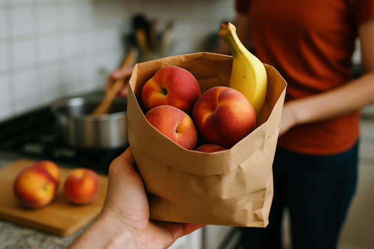 Sacchetto di carta con pesche e mele per far maturare prima le pesche senza frigorifero