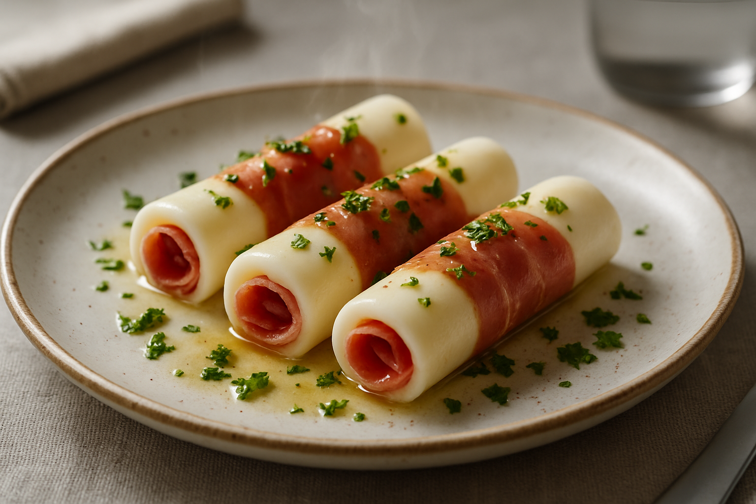 Piatto con finti cannelloni con mozzarella e prosciutto arrotolati, con foglie di basilico e pomodorini freschi.