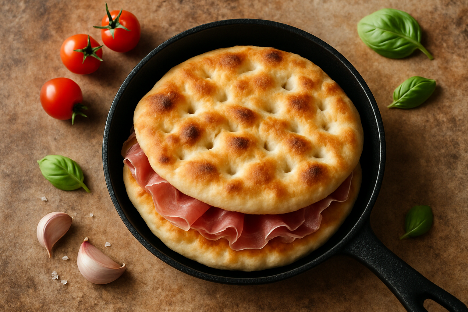 focaccia in padella con prosciutto e mozzarella filante pronta da servire, vista dall’alto
