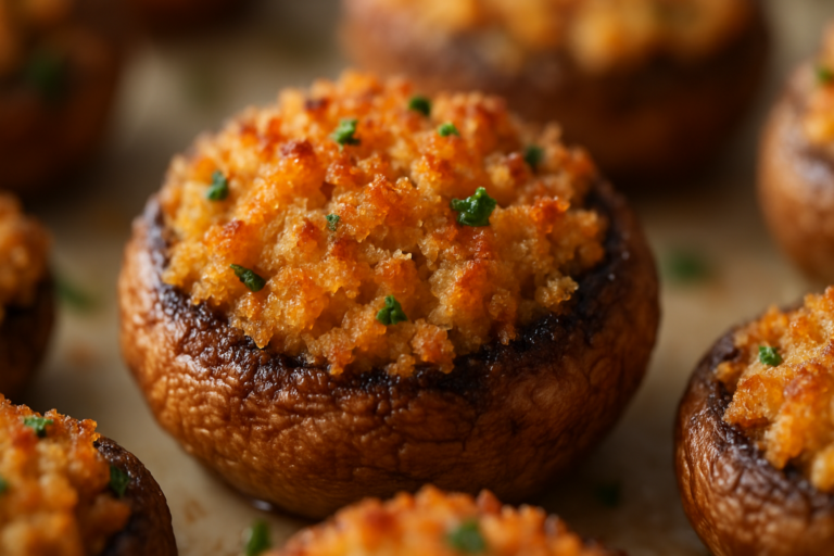 Funghi ripieni nell'Airfryer dall'aspetto dorato e croccante, pronti per essere serviti come snack gustoso