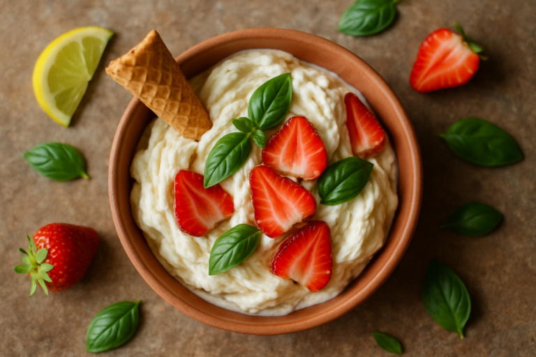 Cono di gelato artigianale cremoso servito in una gelateria italiana durante il caldo di agosto
