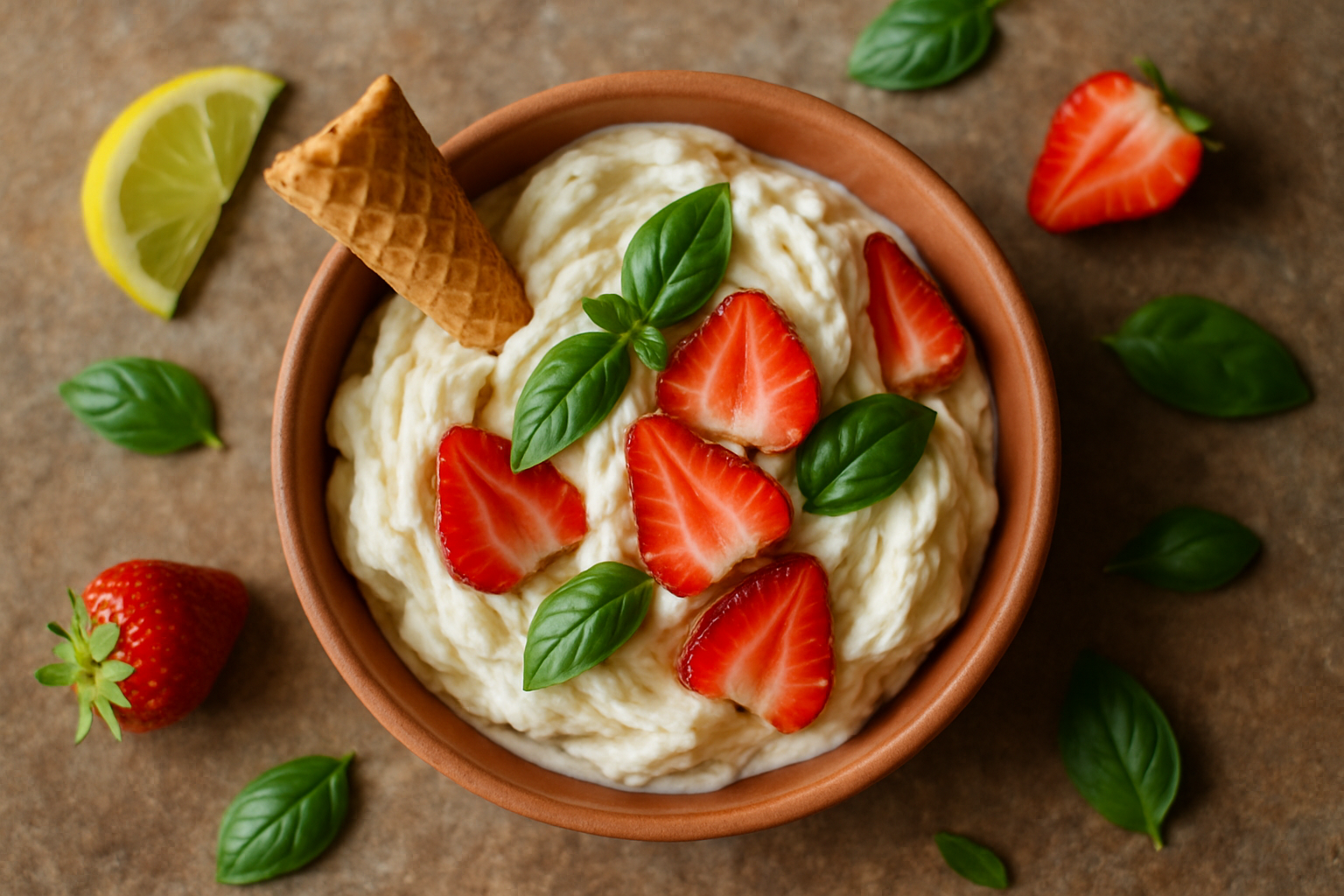 Cono di gelato artigianale cremoso servito in una gelateria italiana durante il caldo di agosto