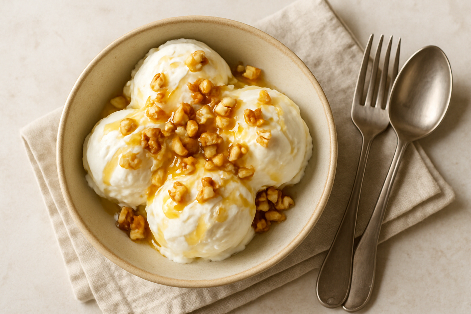 Ciotola di gelato con yogurt greco miele e noci servito con noci tritate sopra e miele colato