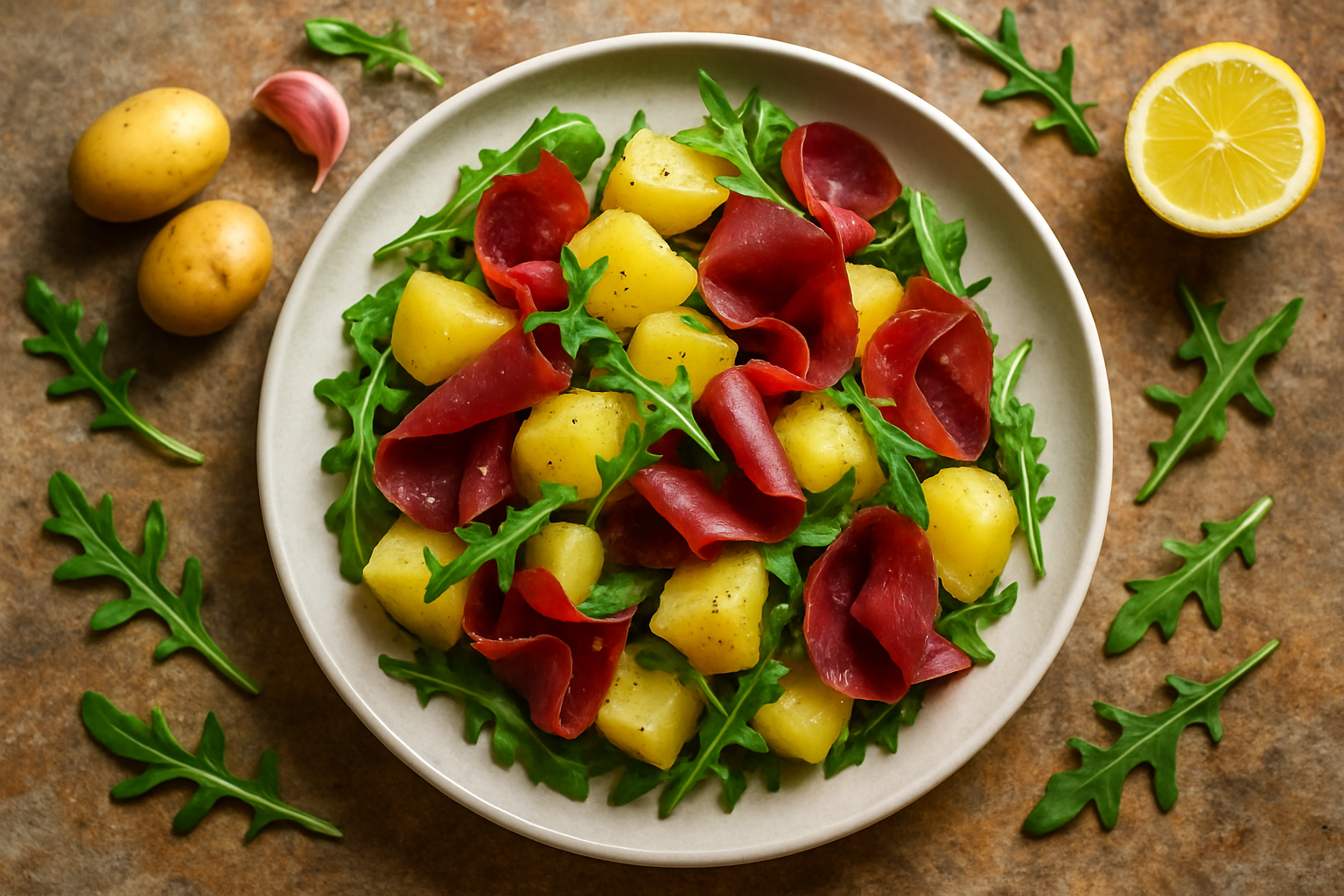 Insalata di patate con bresaola e rucola servita in un piatto bianco condita con olio e scaglie di parmigiano
