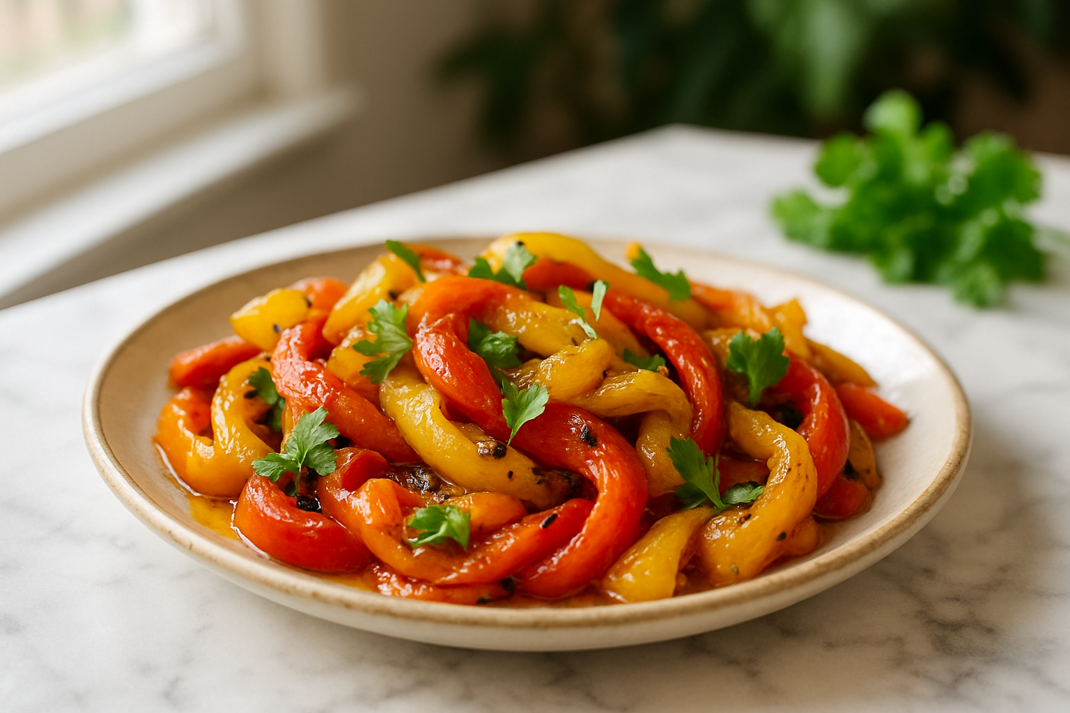 Insalata colorata di peperoni tagliati a strisce con limone e prezzemolo, pronta da servire fresca