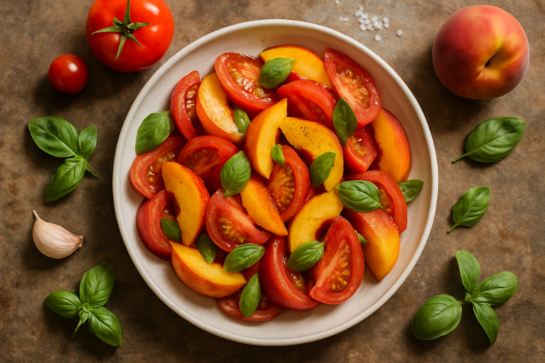 insalata di pomodori e pesche tagliate a fette con rucola e menta in ciotola bianca