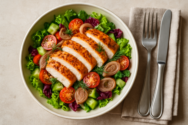 Insalata estiva con pollo arrosto, scalogno tritato e aneto fresco in una ciotola colorata