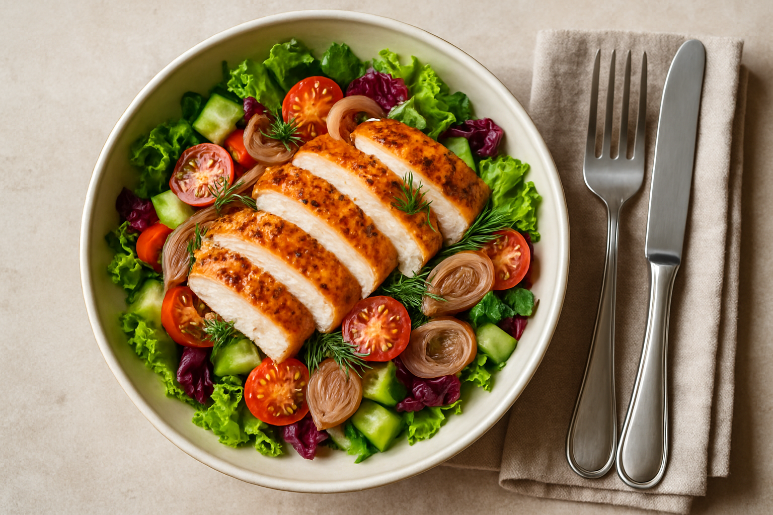Insalata estiva con pollo arrosto, scalogno tritato e aneto fresco in una ciotola colorata