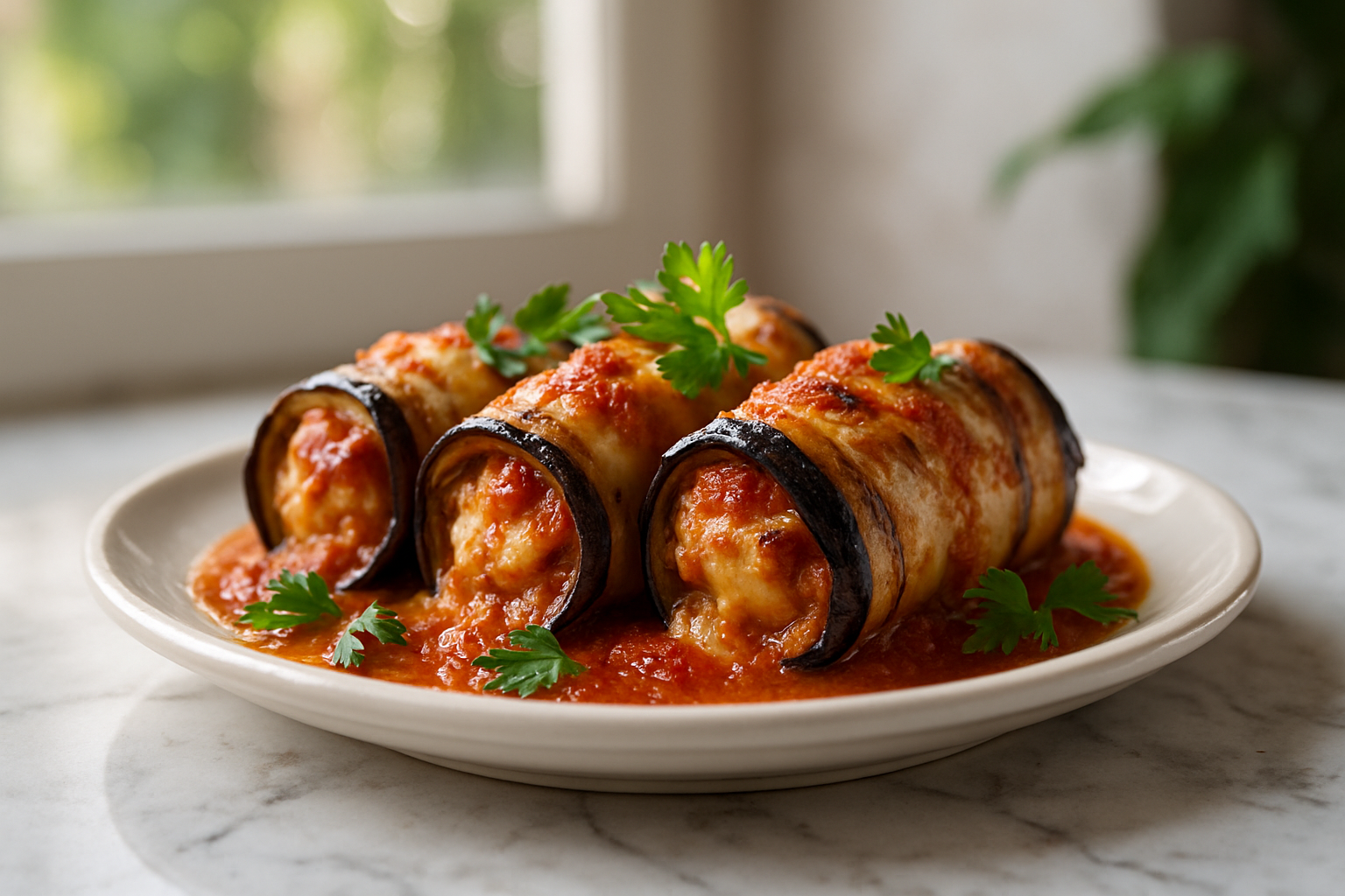Involtini di melanzane in friggitrice ad aria con ripieno filante e basilico fresco su piatto rustico