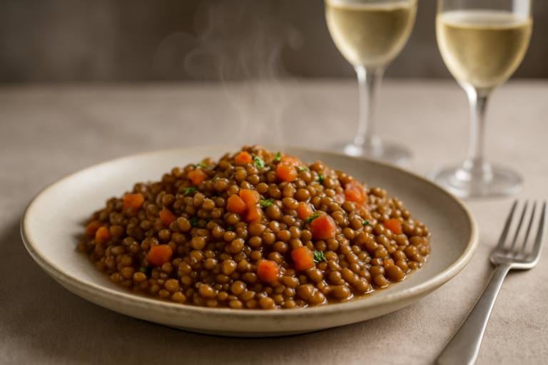 Piatto caldo di lenticchie cremose con patate e un bicchiere di cava sullo sfondo