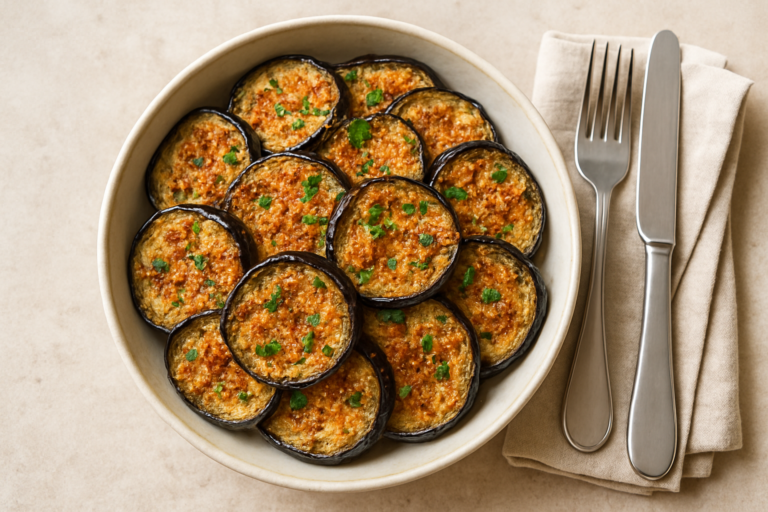 Melanzane gratinate saporite con crosticina dorata cotte al forno e condite con erbe aromatiche fresche