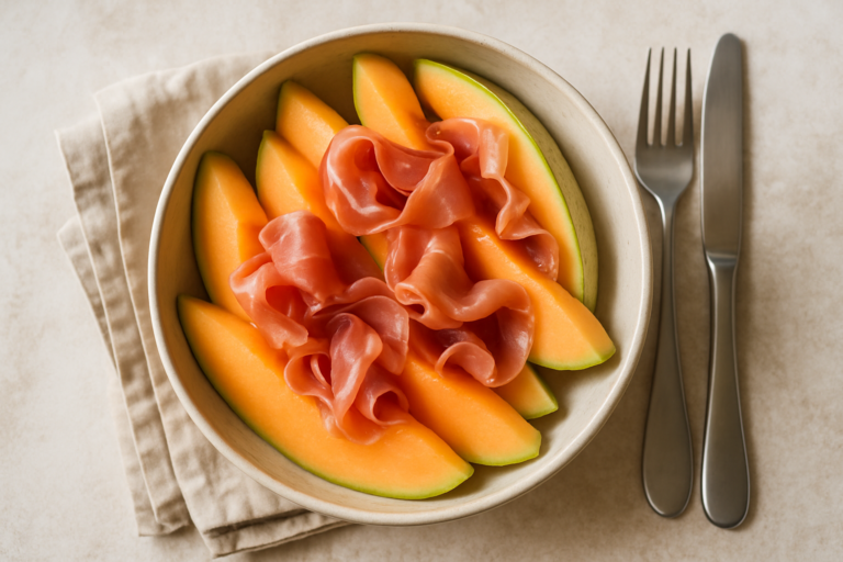 Piatto estivo con melone tagliato a fette e prosciutto crudo disposto in modo uniforme a temperatura ambiente