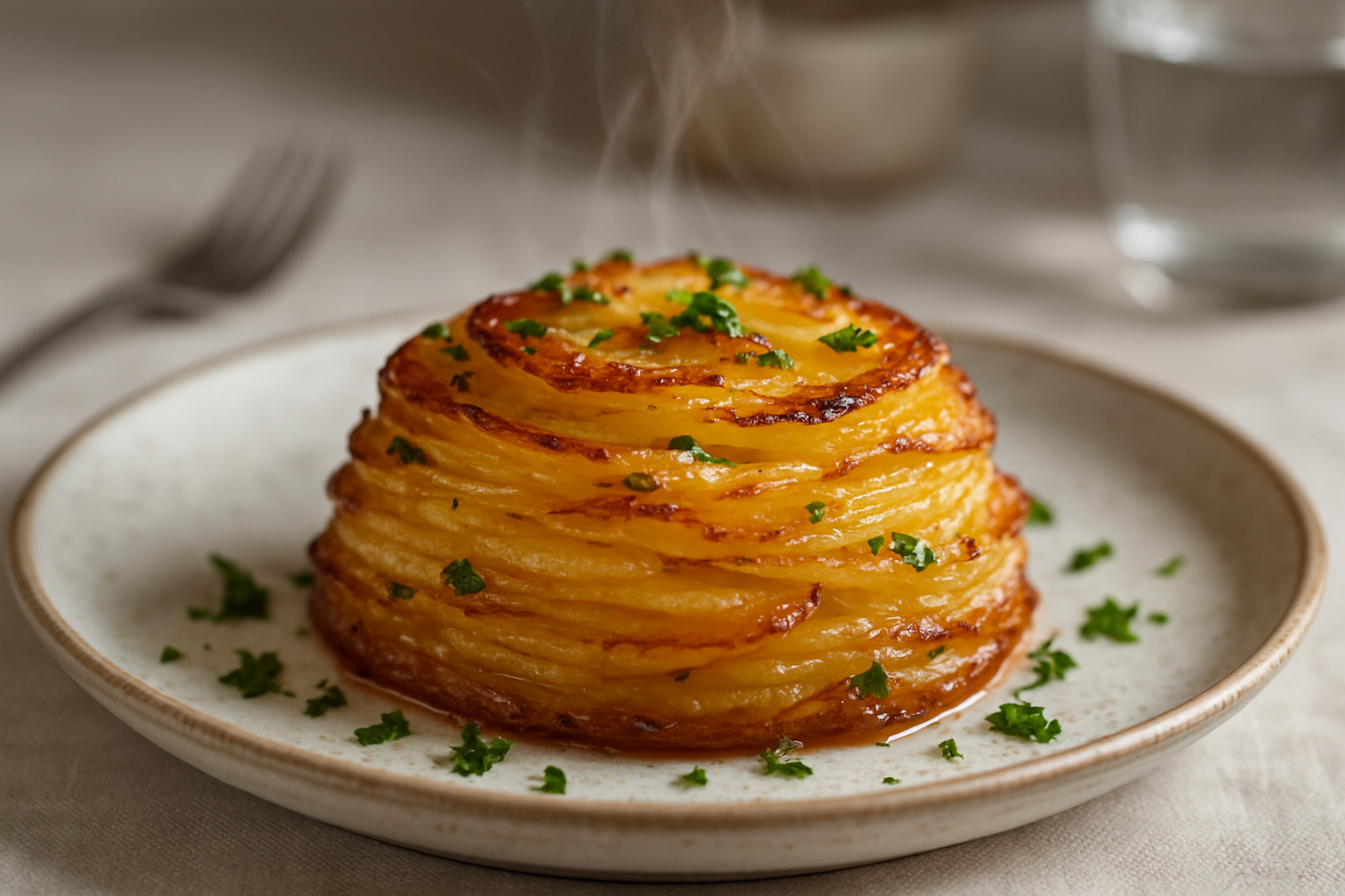 Piatto di millefoglie di patate al burro all’aglio, con strati dorati e crosticina croccante servito su un tavolo di legno.