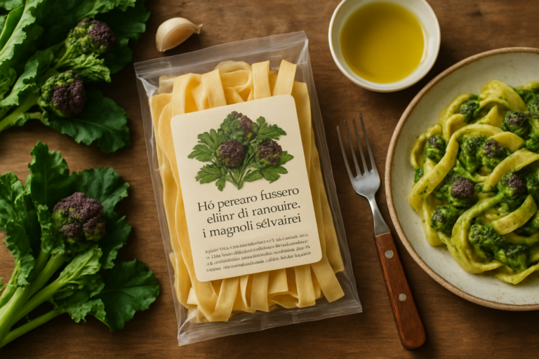 Mugnoli selvatici freschi raccolti, simili a cime di rapa ma con foglie più sottili e verdi intense