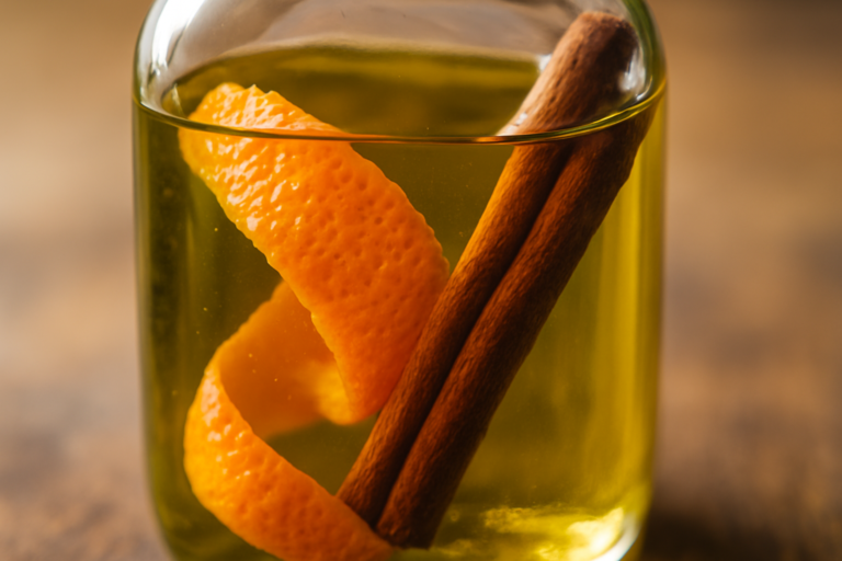 Bottiglia di olio d’oliva aromatizzato con scorze d’arancia e rametti di cannella su tavola di legno