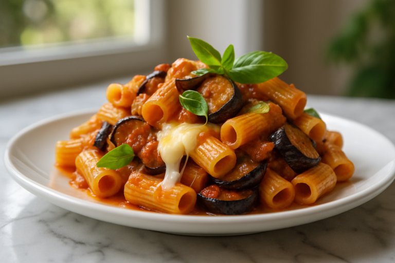 Piatto di pasta con melanzane e provola filante, condito con foglie di basilico fresco